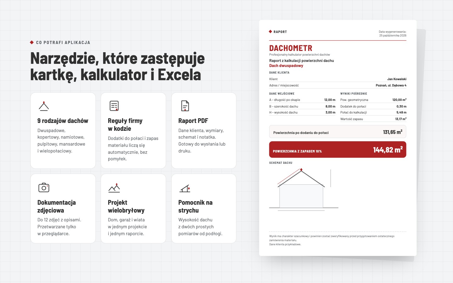 Funkcje aplikacji i przykładowy raport PDF z wynikiem 144,82 m² z zapasem